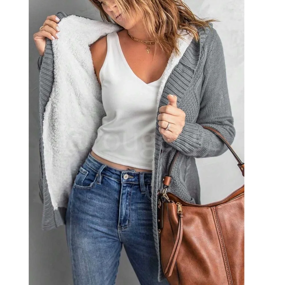 Sherpa Grey Knit Hooded Cardigan Front Pockets Long Sleeves Hip Length Buttoned - Picture 6 of 17